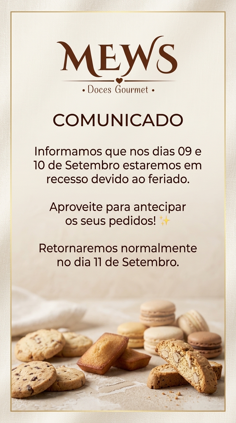 Aviso de Feriado Mews Doces Gourmet